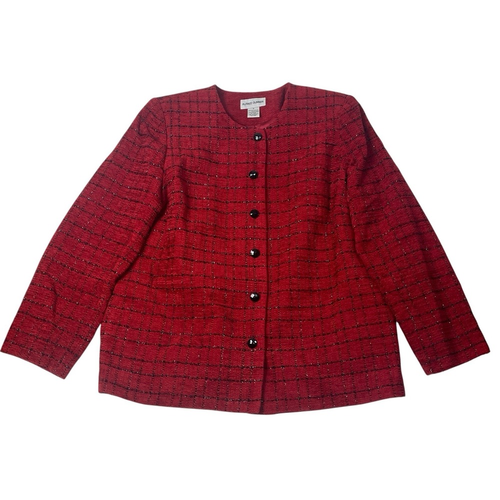 Alfred Dunner Womens 16 Red Tweed Jacket Plaid Button Front Blazer Career